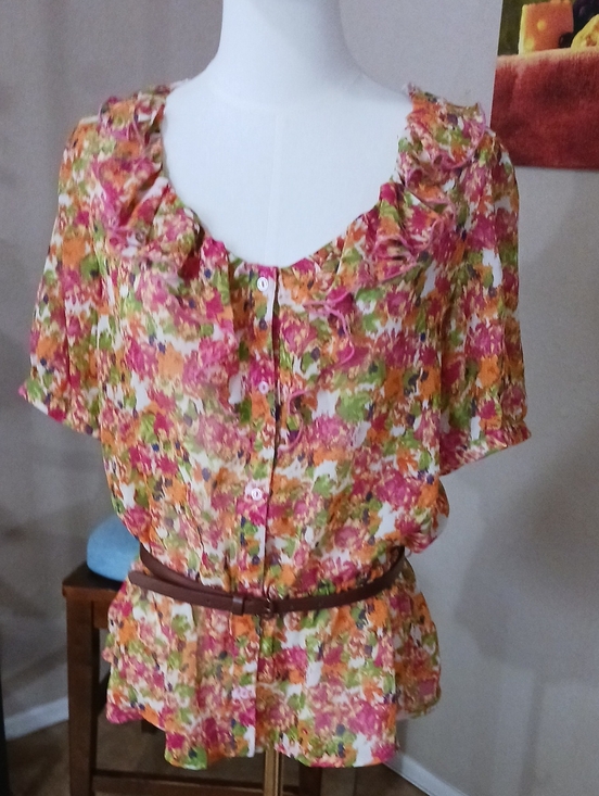 No Boundaries Tops - No Boundaries- Juniors Multicolor Floral Ruffle Blouse with Buttons